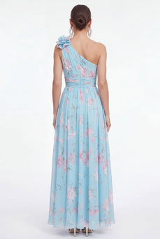 Blue Pink Flower Maxi Ruched A Line Beach Formal Dress