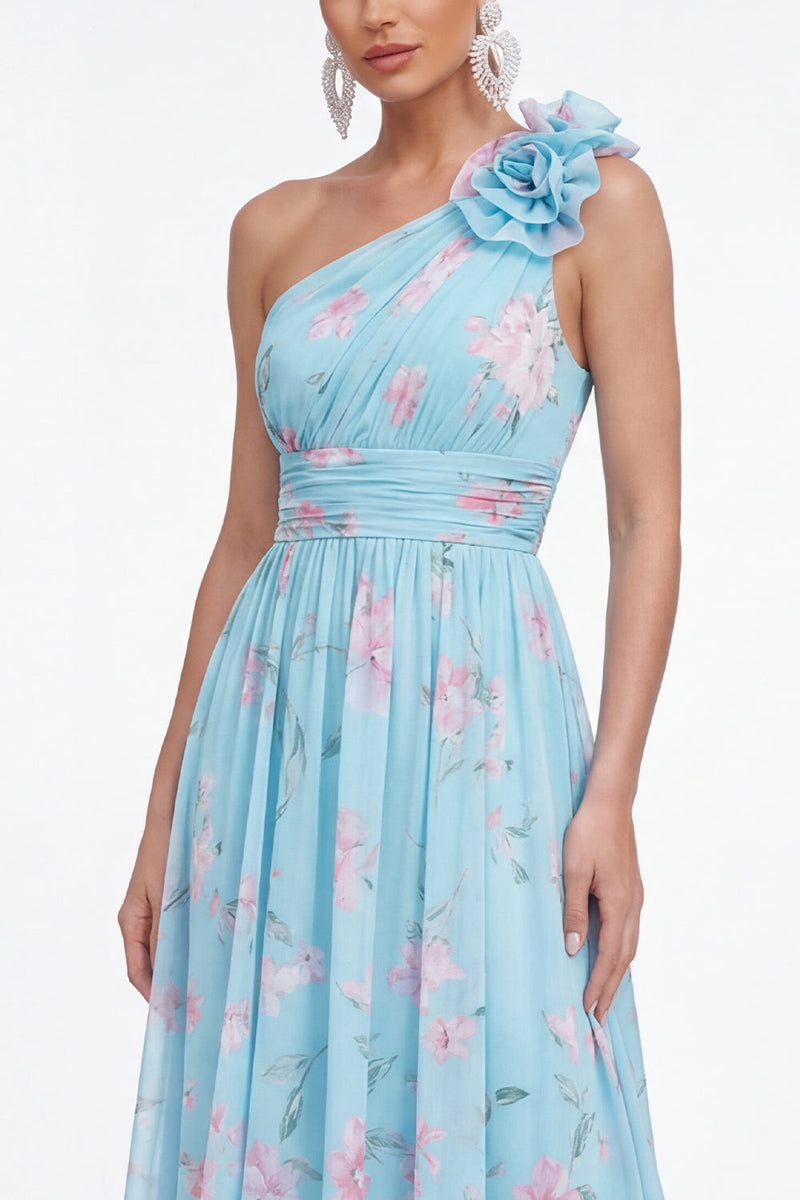 Load image into Gallery viewer, Blue Pink Flower Maxi Ruched A Line Beach Formal Dress
