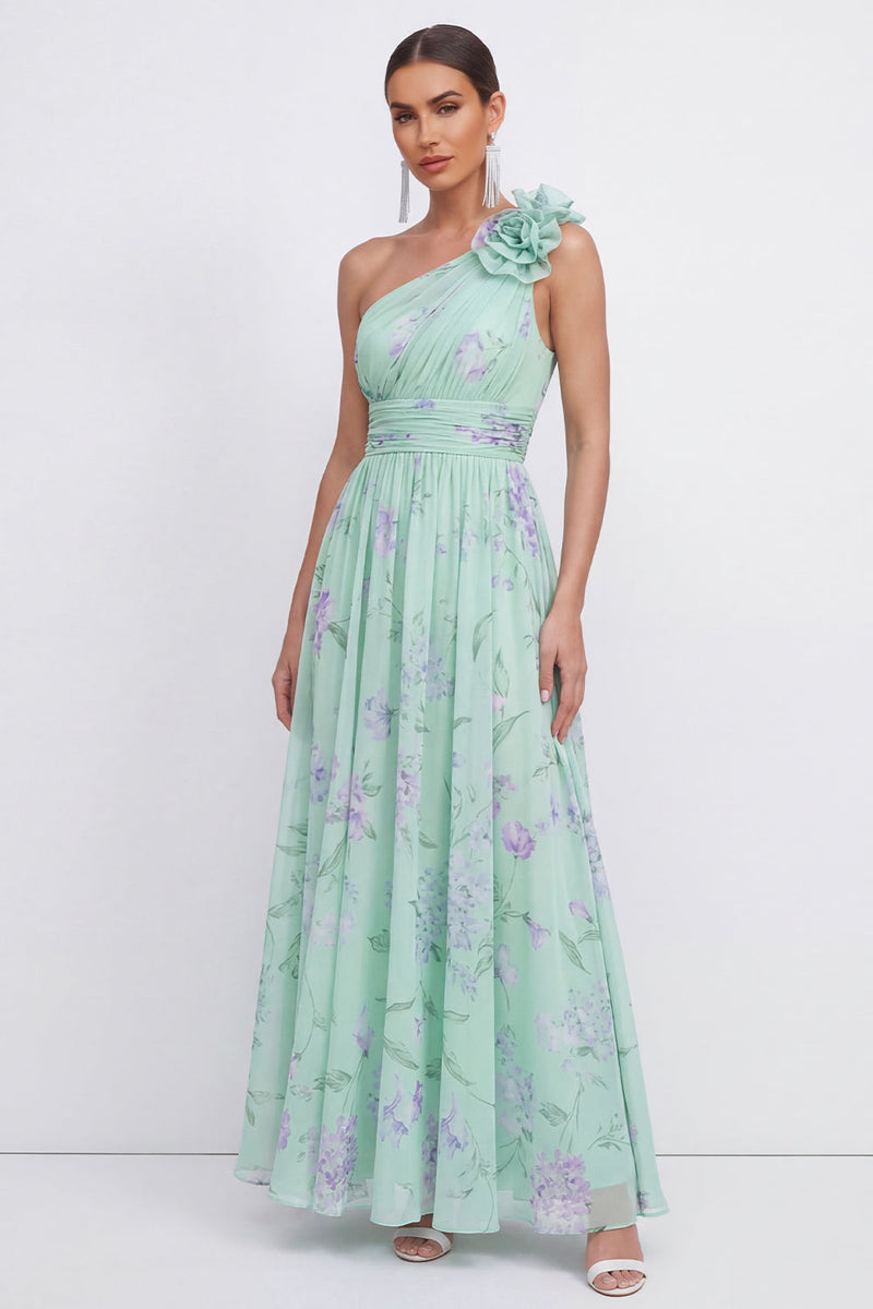 Load image into Gallery viewer, Blue Pink Flower Maxi Ruched A Line Beach Formal Dress
