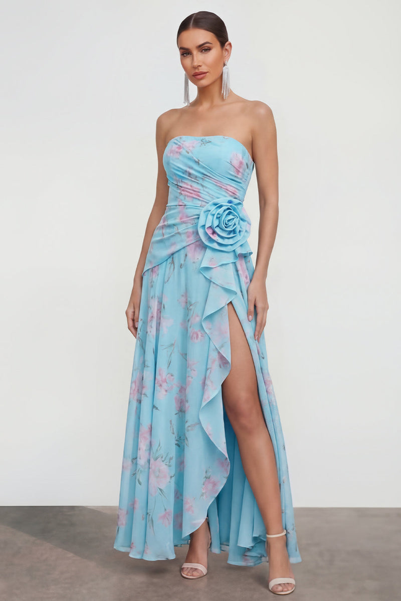 Load image into Gallery viewer, Green Purple Flower Strapless A Line Maxi Beach Formal Dress with Ruffles