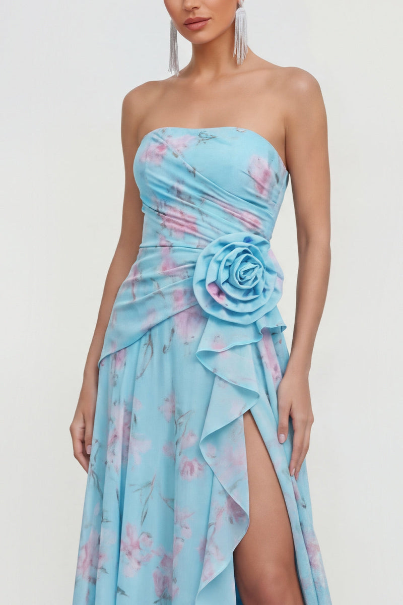 Load image into Gallery viewer, Green Purple Flower Strapless A Line Maxi Beach Formal Dress with Ruffles