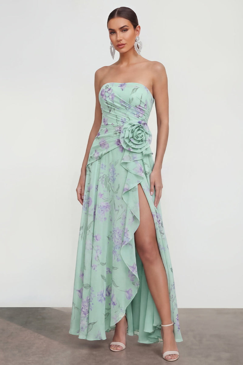Load image into Gallery viewer, Green Purple Flower Strapless A Line Maxi Beach Formal Dress with Ruffles