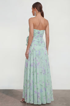 Green Purple Flower Strapless A Line Maxi Beach Formal Dress with Ruffles