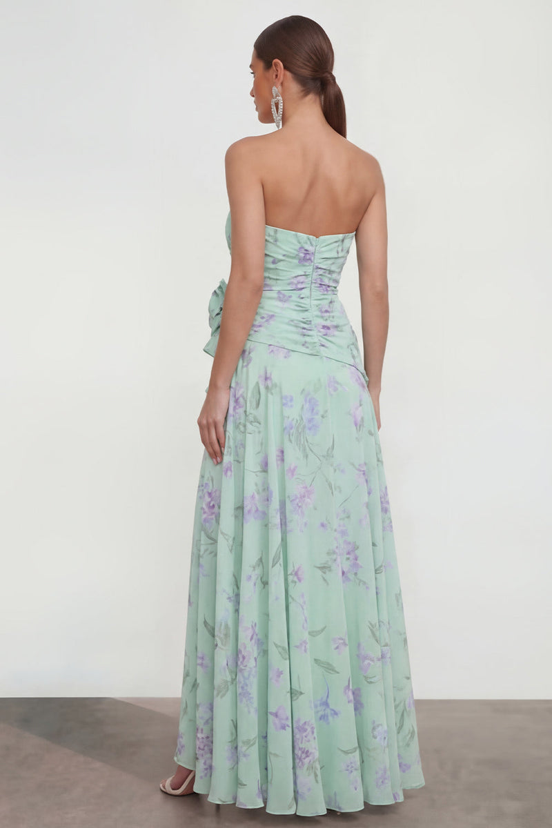 Load image into Gallery viewer, Green Purple Flower Strapless A Line Maxi Beach Formal Dress with Ruffles