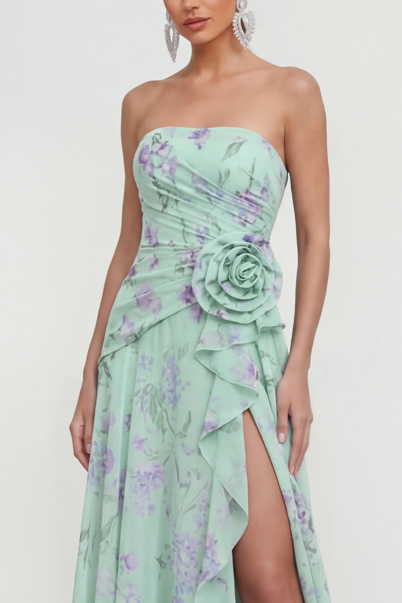 Load image into Gallery viewer, Green Purple Flower Strapless A Line Maxi Beach Formal Dress with Ruffles