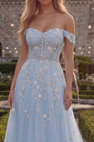 Load image into Gallery viewer, Sparkly Blue Floral A Line Beaded Off the Shoulder Long Corset Formal Dress