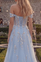 Load image into Gallery viewer, Sparkly Blue Floral A Line Beaded Off the Shoulder Long Corset Formal Dress