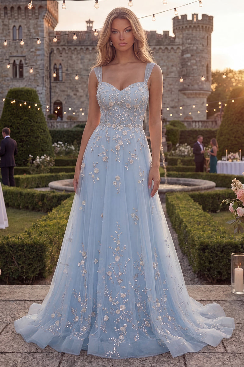 Load image into Gallery viewer, Sparkly Blue Floral A Line Beaded Thick Straps Long Formal Dress