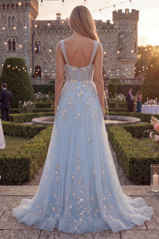 Sparkly Blue Floral A Line Beaded Thick Straps Long Formal Dress