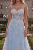Load image into Gallery viewer, Sparkly Blue Floral A Line Beaded Thick Straps Long Formal Dress