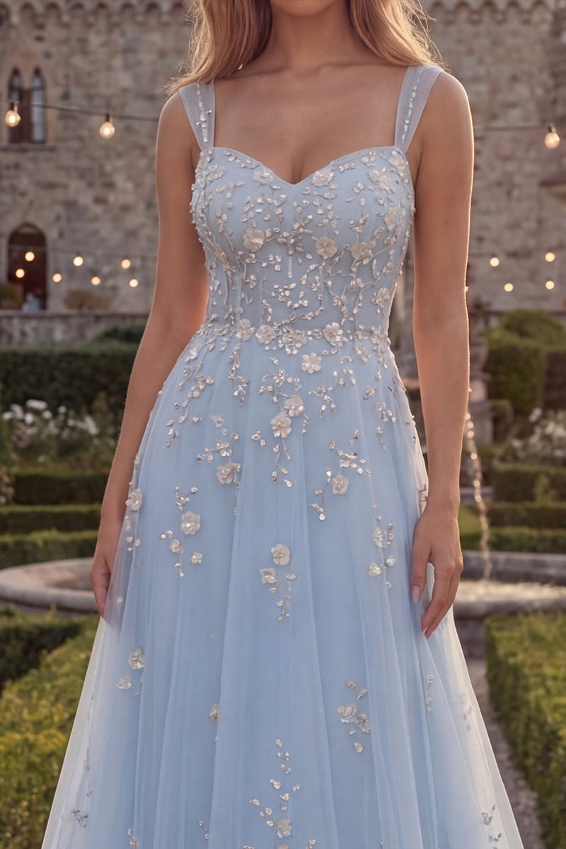Load image into Gallery viewer, Sparkly Blue Floral A Line Beaded Thick Straps Long Formal Dress