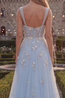Load image into Gallery viewer, Sparkly Blue Floral A Line Beaded Thick Straps Long Formal Dress