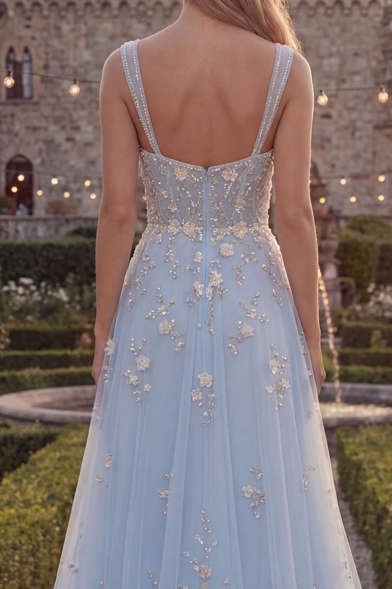 Load image into Gallery viewer, Sparkly Blue Floral A Line Beaded Thick Straps Long Formal Dress