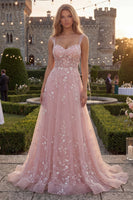 Load image into Gallery viewer, Sparkly Blue Floral A Line Beaded Thick Straps Long Formal Dress