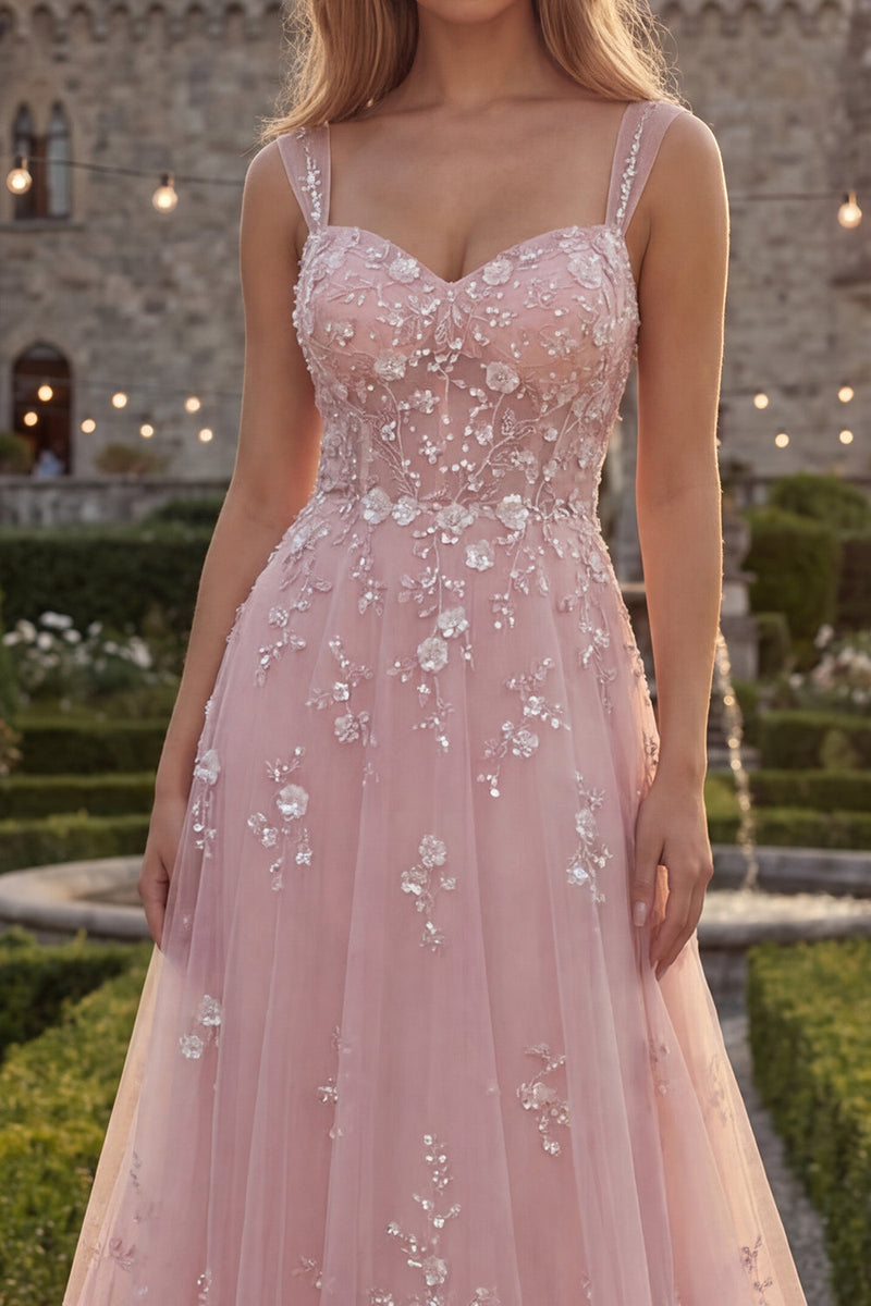 Load image into Gallery viewer, Sparkly Blue Floral A Line Beaded Thick Straps Long Formal Dress