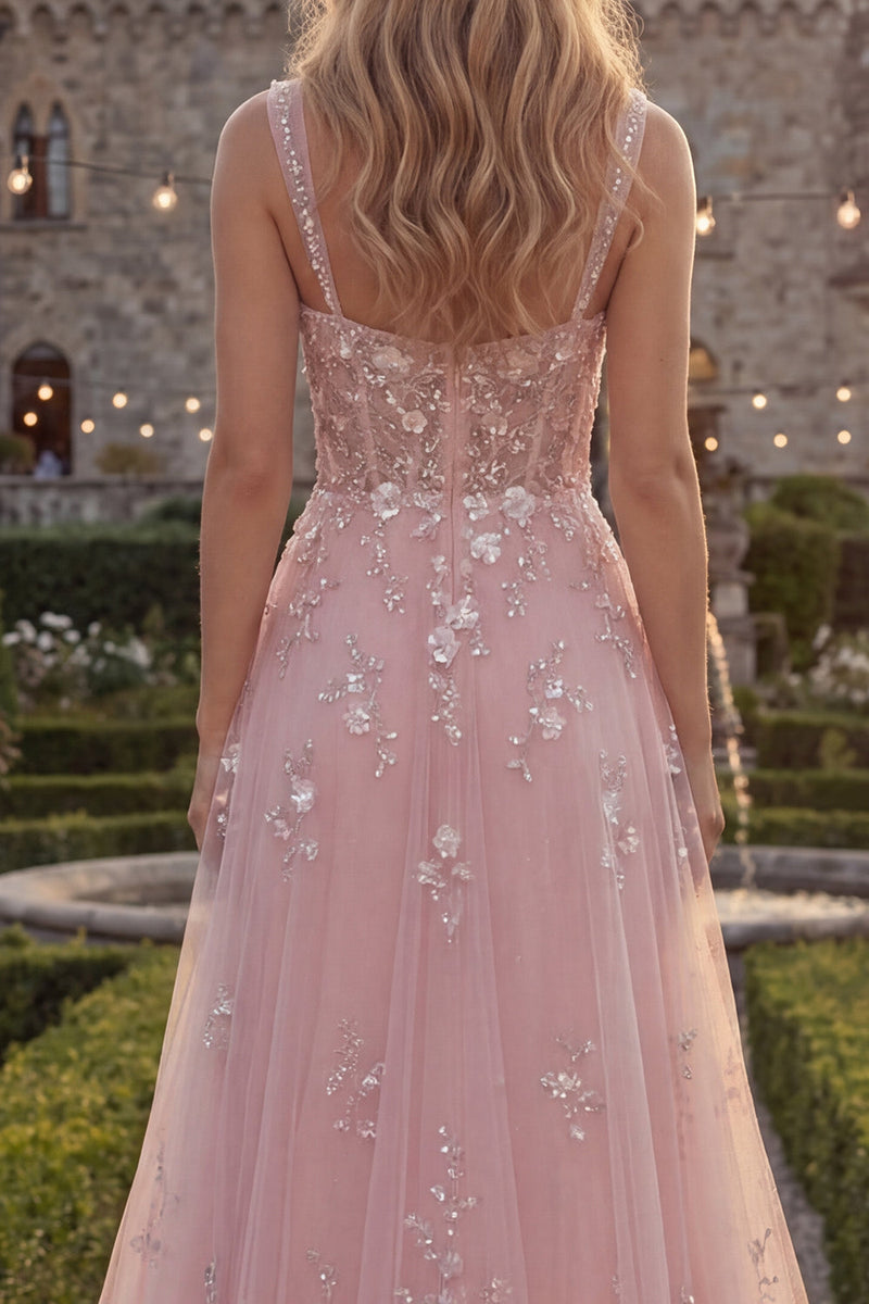 Load image into Gallery viewer, Sparkly Blue Floral A Line Beaded Thick Straps Long Formal Dress