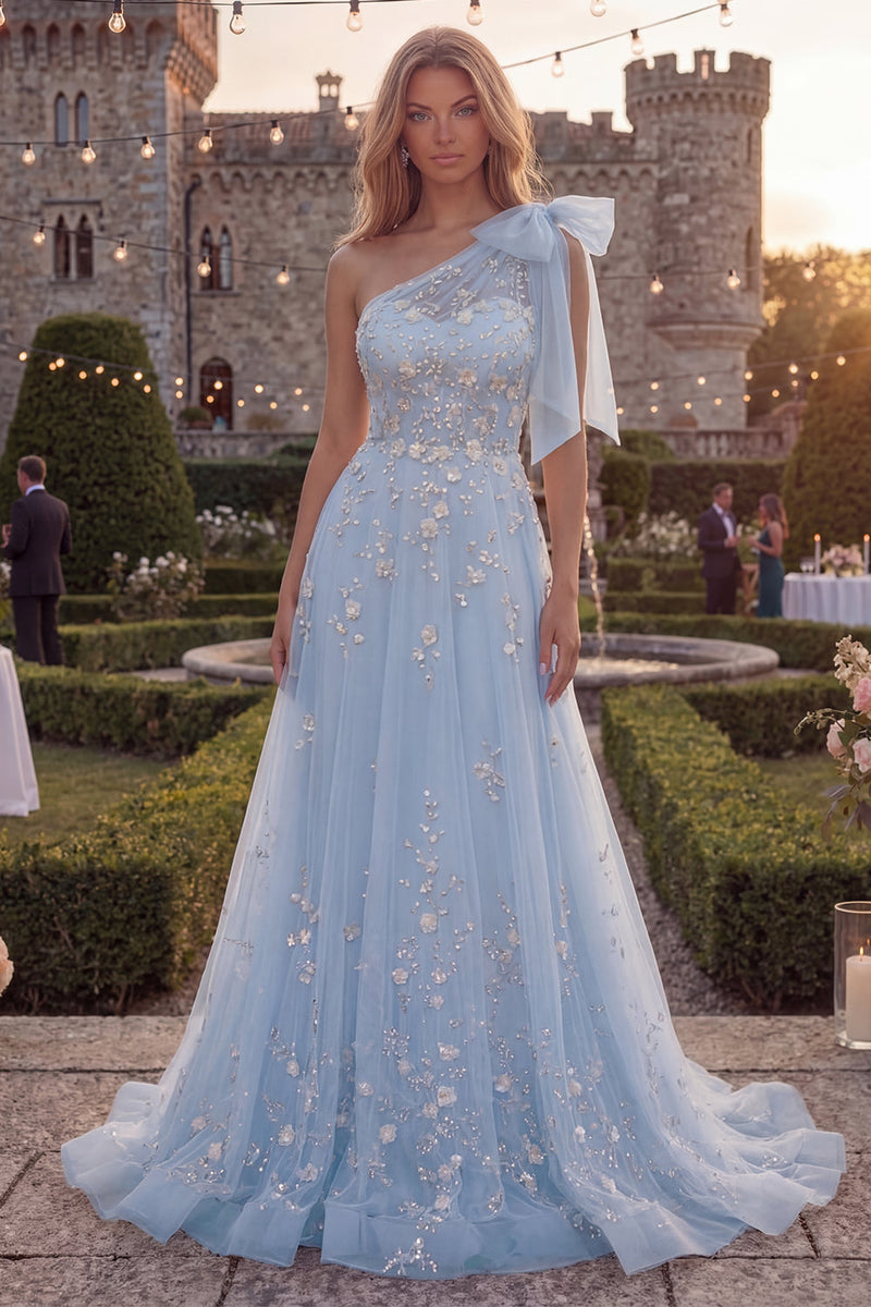 Load image into Gallery viewer, Floral Sparkly Blue Beaded A Line Long Formal Dress with Bow