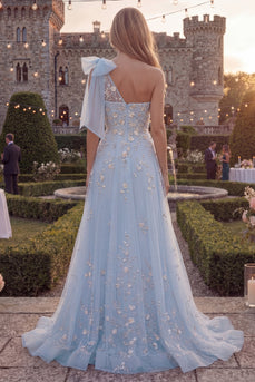 Floral Sparkly Blue Beaded A Line Long Formal Dress with Bow