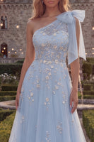 Load image into Gallery viewer, Floral Sparkly Blue Beaded A Line Long Formal Dress with Bow
