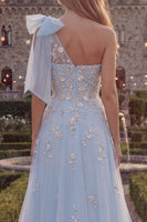 Load image into Gallery viewer, Floral Sparkly Blue Beaded A Line Long Formal Dress with Bow