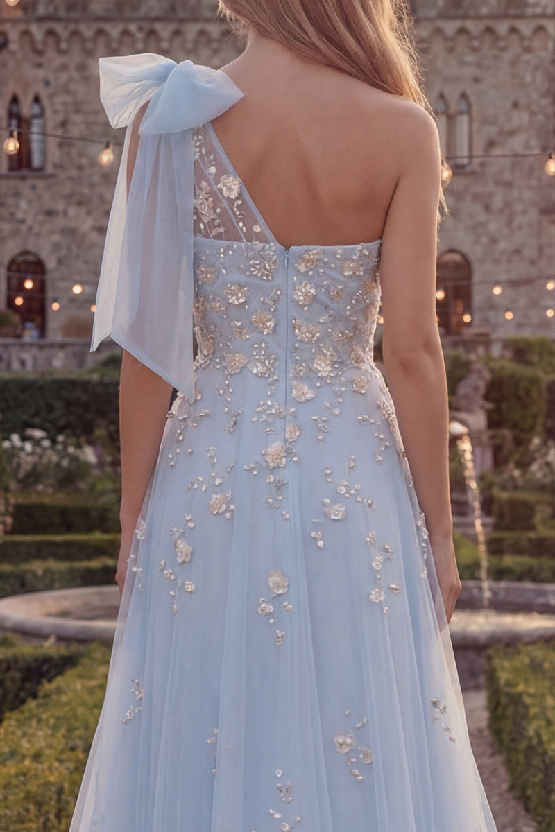 Load image into Gallery viewer, Floral Sparkly Blue Beaded A Line Long Formal Dress with Bow