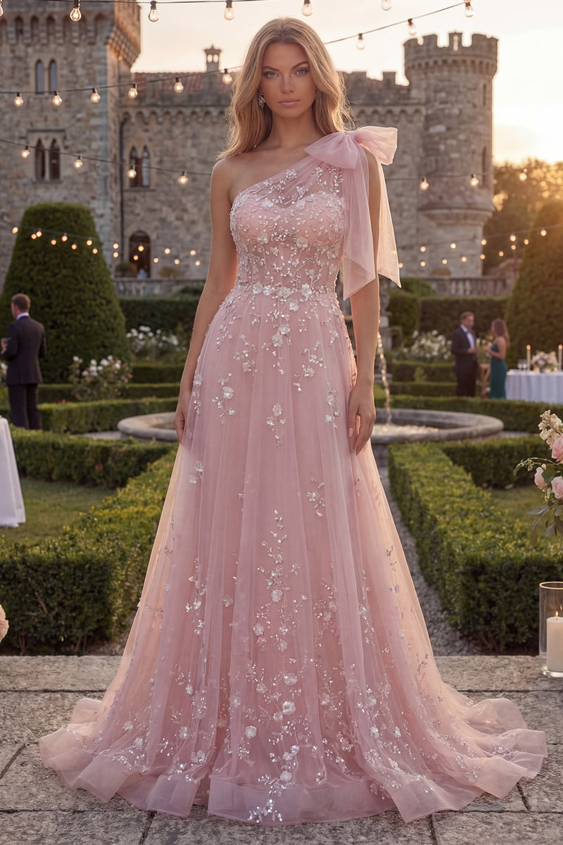 Load image into Gallery viewer, Floral Sparkly Blue Beaded A Line Long Formal Dress with Bow