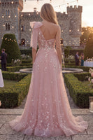 Load image into Gallery viewer, Floral Sparkly Blue Beaded A Line Long Formal Dress with Bow