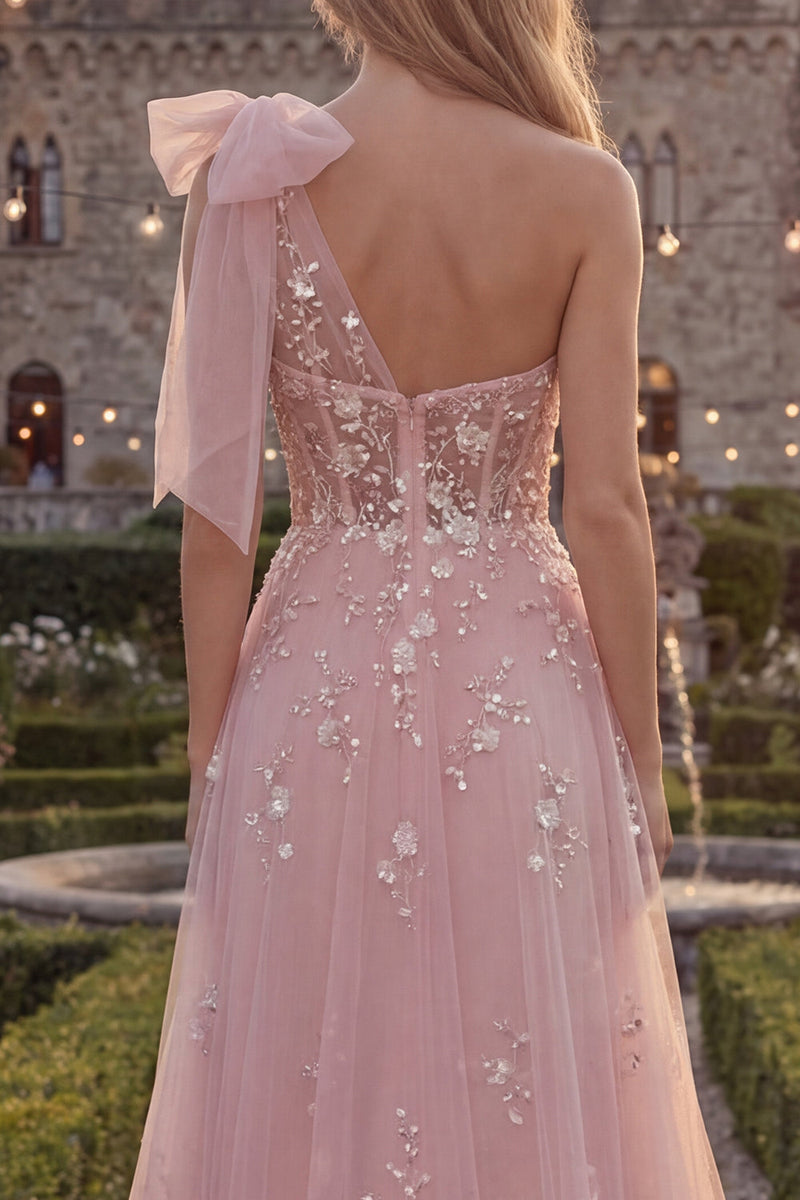 Load image into Gallery viewer, Floral Sparkly Blue Beaded A Line Long Formal Dress with Bow