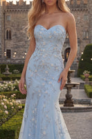 Load image into Gallery viewer, Sparkly Blue Floral Beaded Mermaid Strapless Long Formal Dress