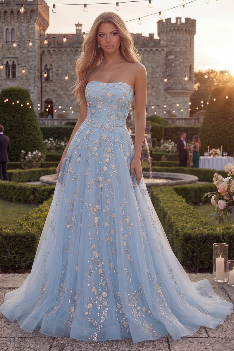 Load image into Gallery viewer, Strapless Sparkly Blue Floral Beaded A Line Long Formal Dress