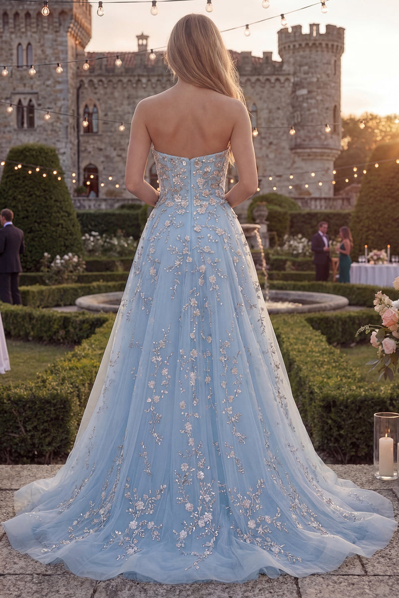Load image into Gallery viewer, Strapless Sparkly Blue Floral Beaded A Line Long Formal Dress
