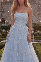 Load image into Gallery viewer, Strapless Sparkly Blue Floral Beaded A Line Long Formal Dress