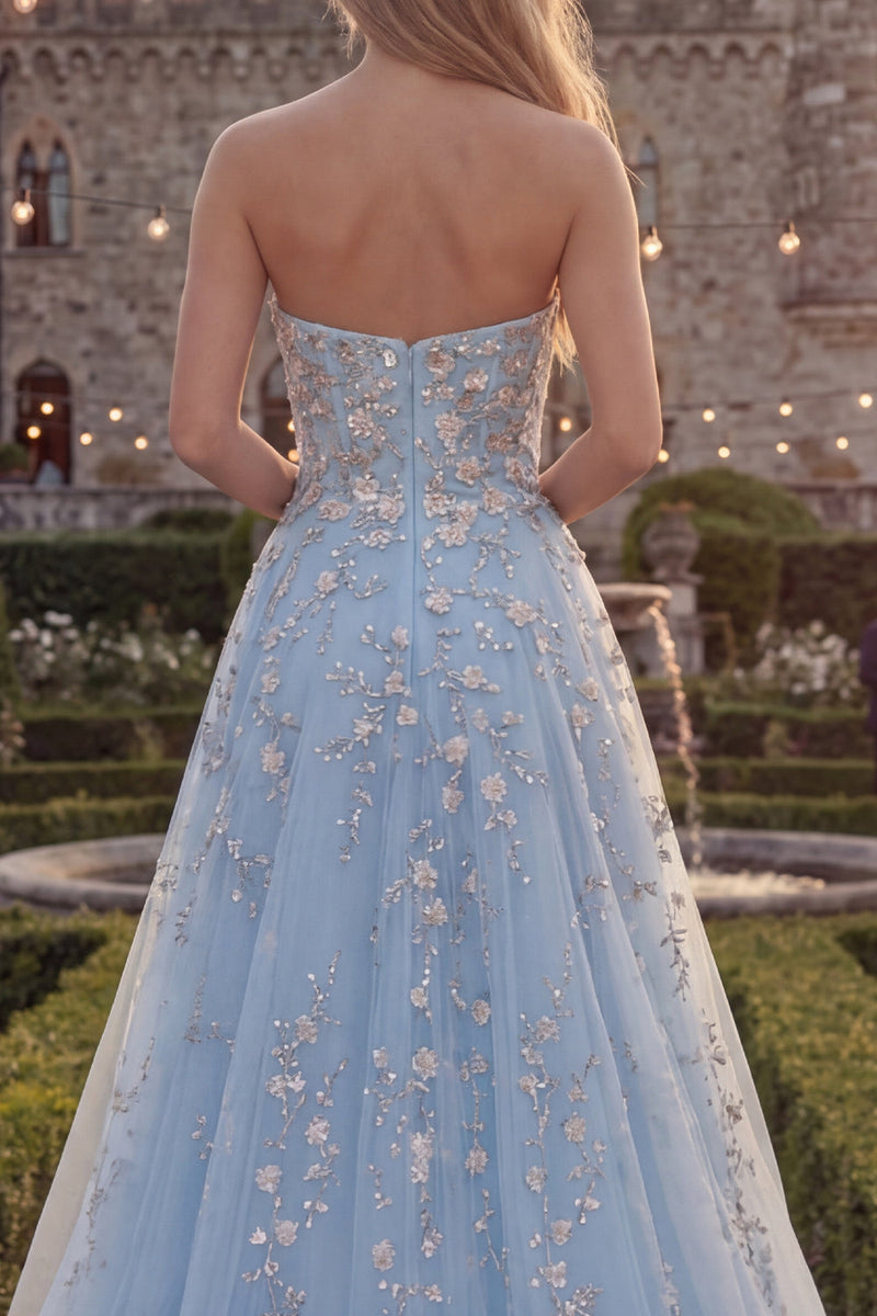 Load image into Gallery viewer, Strapless Sparkly Blue Floral Beaded A Line Long Formal Dress