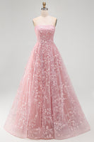 Load image into Gallery viewer, Strapless Sparkly Blue Floral Beaded A Line Long Formal Dress