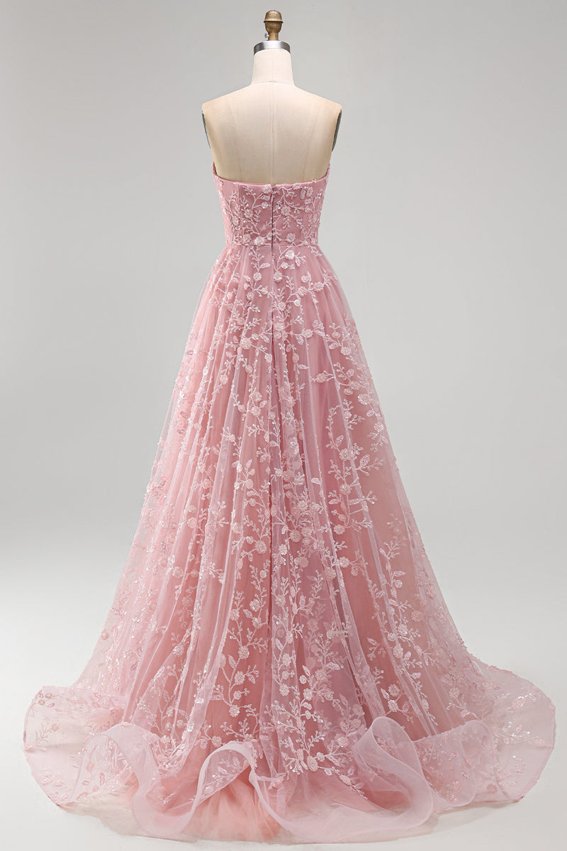 Load image into Gallery viewer, Strapless Sparkly Blue Floral Beaded A Line Long Formal Dress
