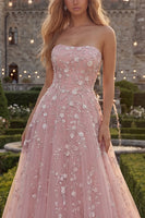Load image into Gallery viewer, Strapless Sparkly Blue Floral Beaded A Line Long Formal Dress