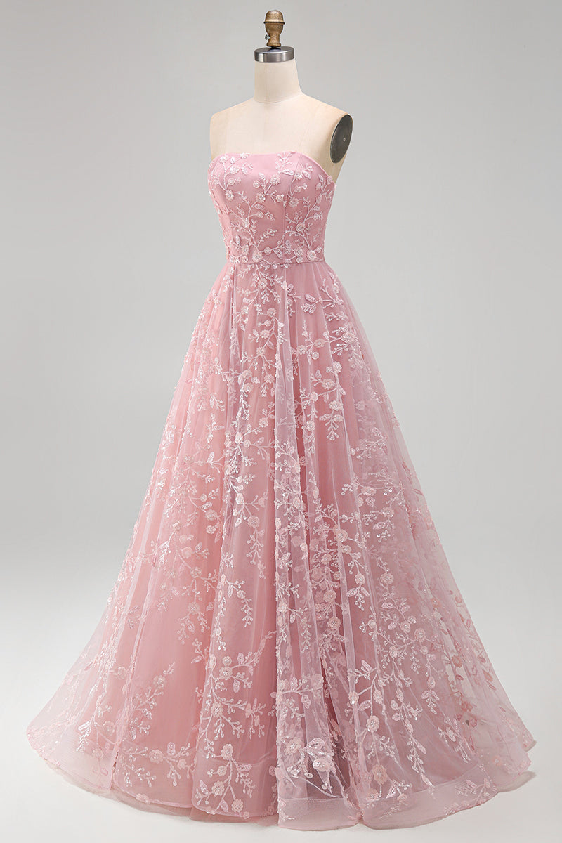 Load image into Gallery viewer, Strapless Sparkly Blue Floral Beaded A Line Long Formal Dress