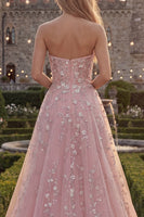 Load image into Gallery viewer, Strapless Sparkly Blue Floral Beaded A Line Long Formal Dress