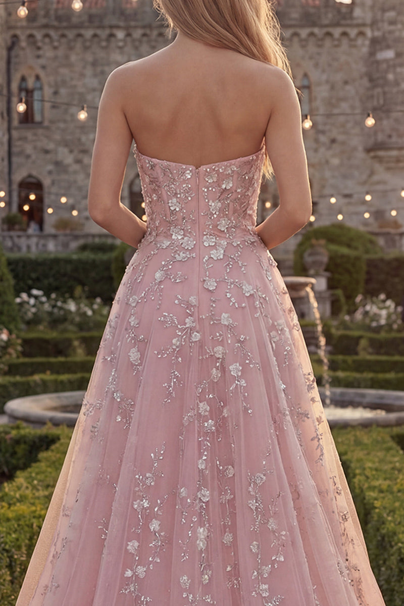 Load image into Gallery viewer, Strapless Sparkly Blue Floral Beaded A Line Long Formal Dress