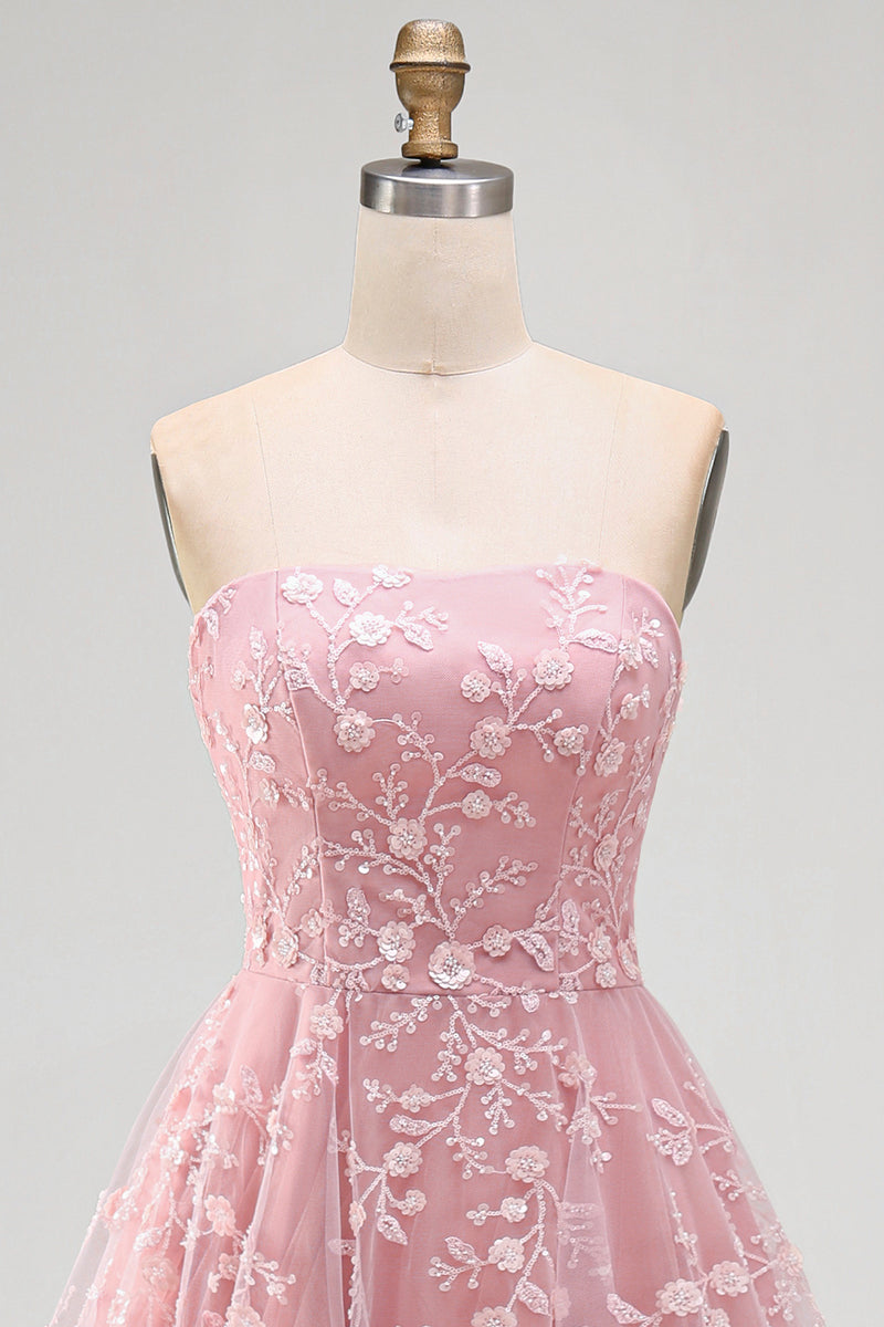 Load image into Gallery viewer, Strapless Sparkly Blue Floral Beaded A Line Long Formal Dress