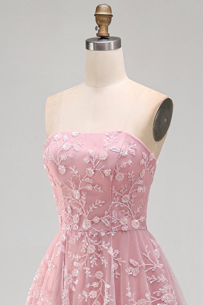 Load image into Gallery viewer, Strapless Sparkly Blue Floral Beaded A Line Long Formal Dress