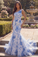 Load image into Gallery viewer, White Blue Flower One Shoulder Mermaid Long Formal Dress