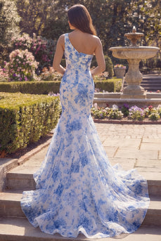 White Blue Flower One Shoulder Mermaid Long Formal Dress