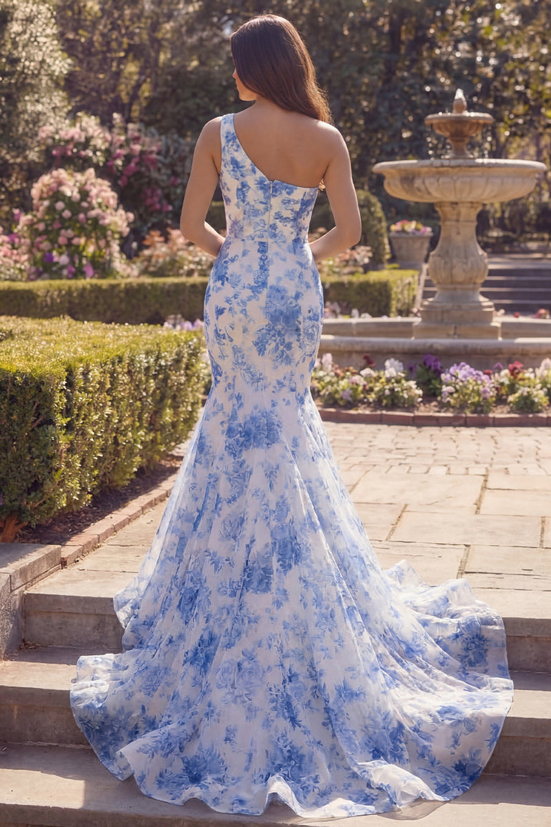 Load image into Gallery viewer, White Blue Flower One Shoulder Mermaid Long Formal Dress