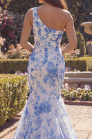 Load image into Gallery viewer, White Blue Flower One Shoulder Mermaid Long Formal Dress