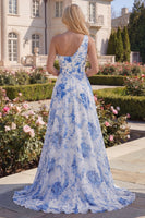 Load image into Gallery viewer, White Blue Flower One Shoulder A Line Long Formal Dress with Slit