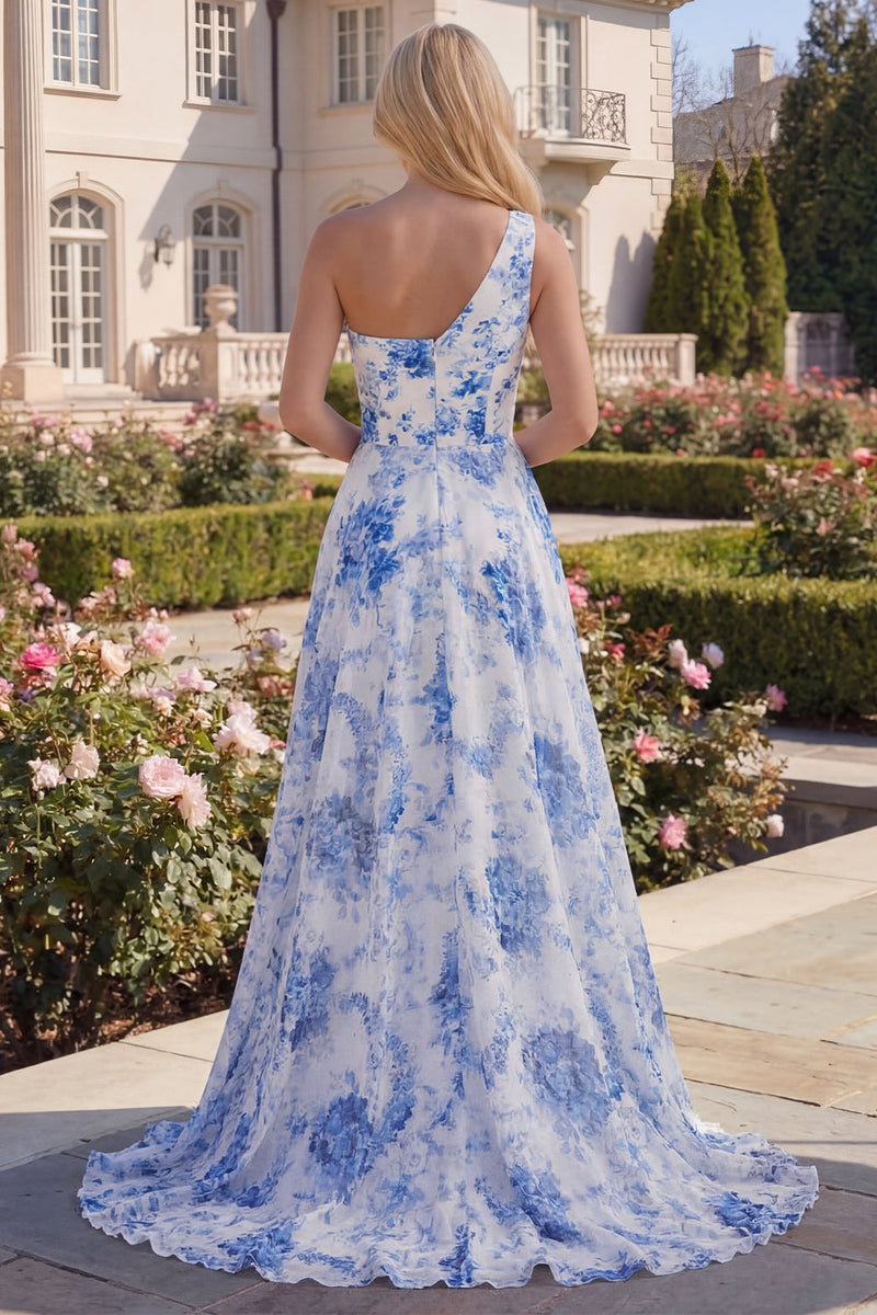Load image into Gallery viewer, White Blue Flower One Shoulder A Line Long Formal Dress with Slit