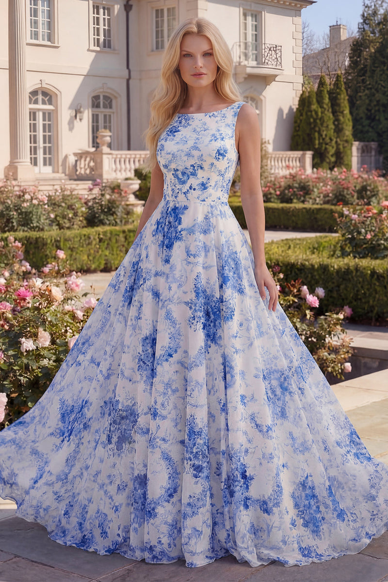 Load image into Gallery viewer, White Blue Flower A Line Boat Neck Long Formal Dress