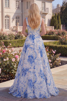 Load image into Gallery viewer, White Blue Flower A Line Boat Neck Long Formal Dress
