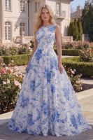 Load image into Gallery viewer, White Blue Flower A Line Boat Neck Long Formal Dress